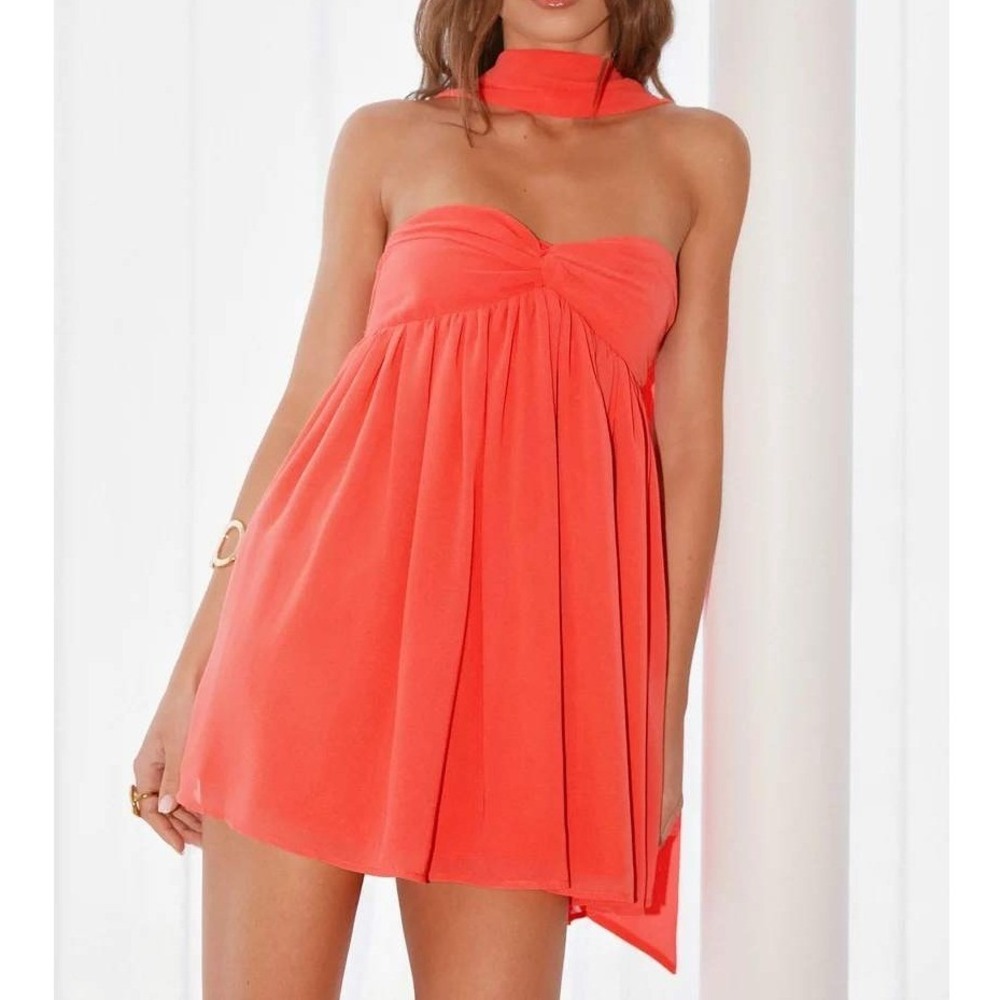 Peppermayo Coral Strapless Mini Dress with Neck Tie